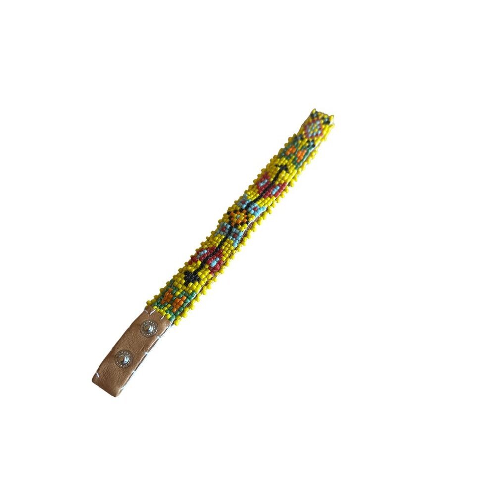 Handcrafted Leather Bracelet With Multicolor Beadwork & Yellow Edging